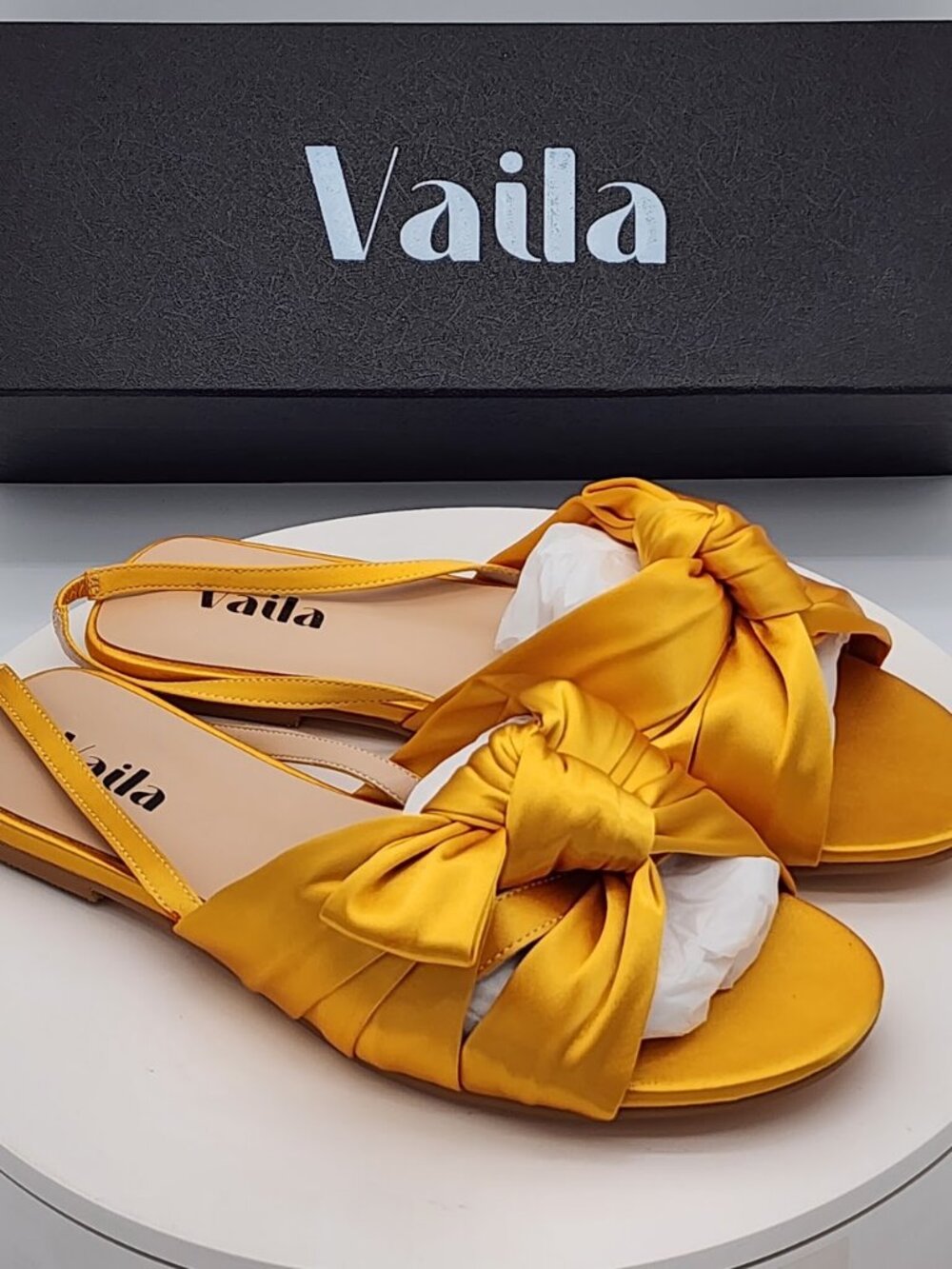 Vaila Lila Marigold Satin Bow Slingback Sandals Women’s Size 9